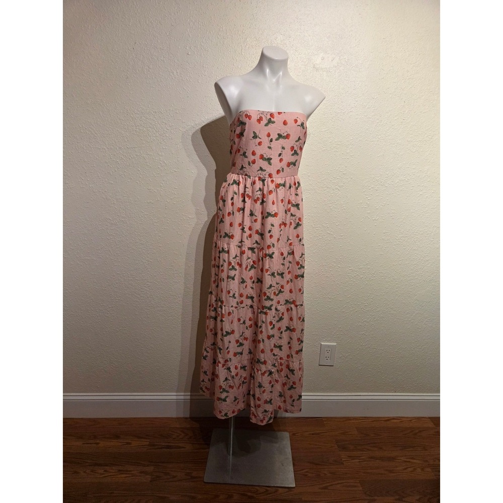 Molly Green Megan Strawberry Strapless Dress Pink Tiered Maxi Cutout Tie Back L